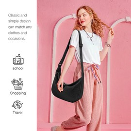 Bolso cruzado para mujer, bolso pequeño de media luna con correa ajustable, bolso de hombro de nailon para viajes y trabajo, Negro -