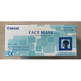 EXCEL DISPOSABLE EAR LOOP 3-PLY FACE MASKS 0503-FM388 FLUID RESISTANT (50 Masks)