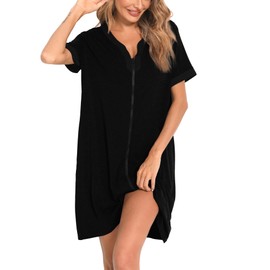 SWOMOG Women Zipper Front House Coat Short Sleeves Robe Zip up Bathrobes Short Nightgown with Pockets S-3XL Black Black Trim Medium