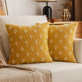 EMEMA Fall Mustard Yellow Decorative Throw Pillow Covers Rhombic Jacquard Pillowcase Cushion Case Square for Couch Sofa Bed Living Room Bedroom Set of 2, 20x20 Inch