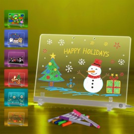 LED Doodle Glow Note Board 13.7"X10" – Light Up Acrylic Dry Erase Message Drawing with 7 Colors, Dynamic Modes, 7 Pens, Invisible Stands, Hanging Kit – Fun Whiteboard for Home, Office, Kitchen