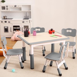Kids Table and 4 Chairs Set, Height Adjustable Toddler Table and Chair Set with Graffiti Desktop, Easy to Wipe for Classroom Daycare Home, Children Multi-Activity Arts & Crafts Table for Ages 2-8