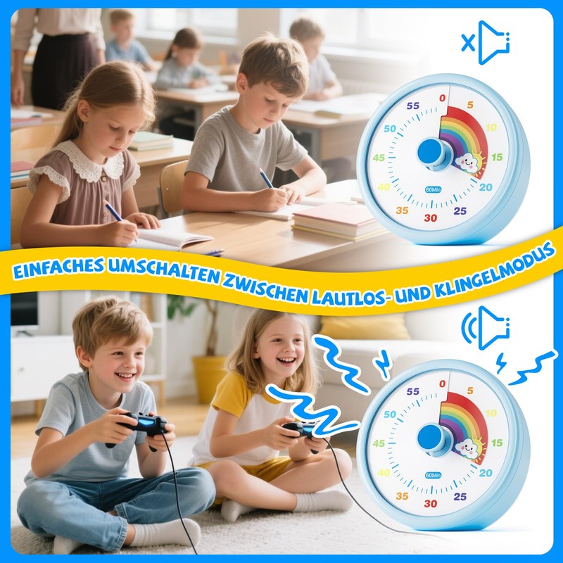 SIMQELLI Kinder Visueller Timer, 60 Minuten Countdown, Lautlos, Regenbogenmuster, für