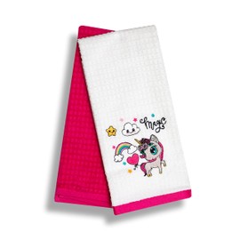 SYS Online Geschirrtücher 100% Baumwolle 2er Pack, Waffelpique Stoff Handtücher Set, Oeko-tex® Zertifiziert Hochwertige Geschirrtücher mit Motiv, Einhorn - Unicorn, 60x40cm (Pink - Weiß)