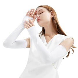 M-YOUNG Black Arm Warmers Sun UV Protective Arm Sleeves Long Fingerless Gloves for Women (White)