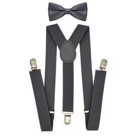 trilece Grey Suspenders and Bow Tie Set for Boys,Kids, Girls, Toddlers,Baby,Adjustable Elastic 1 inch Wide Y Shape,Heavy Duty Strong Clips,Ring Bearer Outfit (6 Years to 5 Feet, Grey)