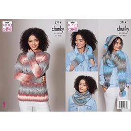 King Cole 5714 Knitting Pattern Womens Sweater Hat Scarf Snood Mittens in Riot Chunky, Multicolor