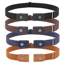 WHIPPY 4 Pieces No Buckle Stretch Women Belt for Jeans Pants, Buckle Free Comfortable Invisible Elastic Belts (Black Khaki Blue Brown, Fit Pants Size 32-48 Inches)