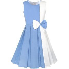 Sunny Fashion Girls Dress Color Block Contrast Bow Tie Party Size 10 Years Sky Blue