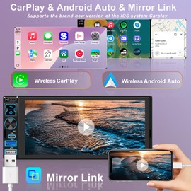 Single DIN Car Stereo Radio with Wireless Apple CarPlay & Android Auto, 6.9" IPS 1280x600 Touchscreen, Bluetooth 5.2, FM Radio, Backup Camera, 1 DIN Head Unit, 180W Subwoofer Out, Type-C Fast Charging