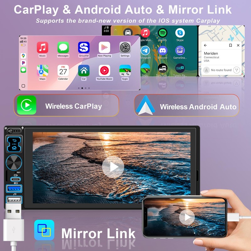 Single DIN Car Stereo Radio with Wireless Apple CarPlay &