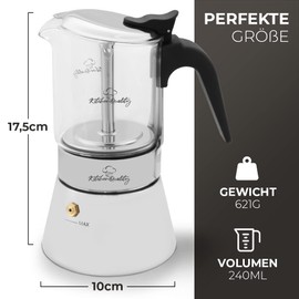 KitchenQuality Espressokocher | Hochwertiger Kaffeekocher aus Edelstahl und Borosilikatglas | Für alle Herdarten | Inkl. Portionierlöffel & Untersetzer