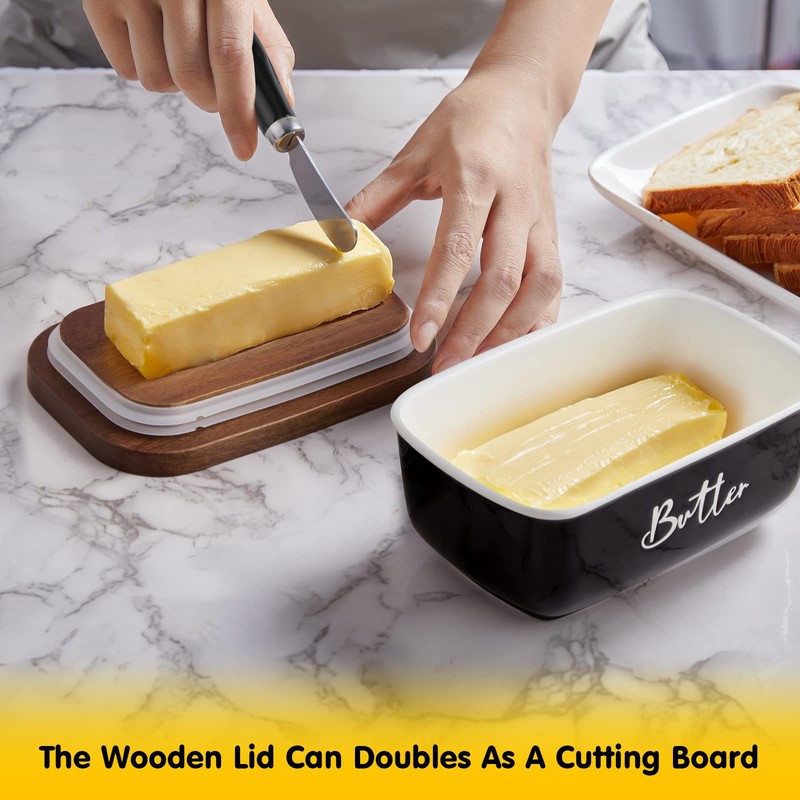 ALELION Black Butter Dish with Lid and Knife for Countertop