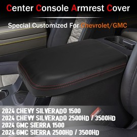 LEXLEY Center Console Pad Armrest Box Cover Leather Protector Covers For 2024 2025 Chevy Silverado&GMC Sierra 2500HD 3500HD,2024 2025 Silverado&Sierra 1500,Bucket Seats ONLY-Red Stitches
