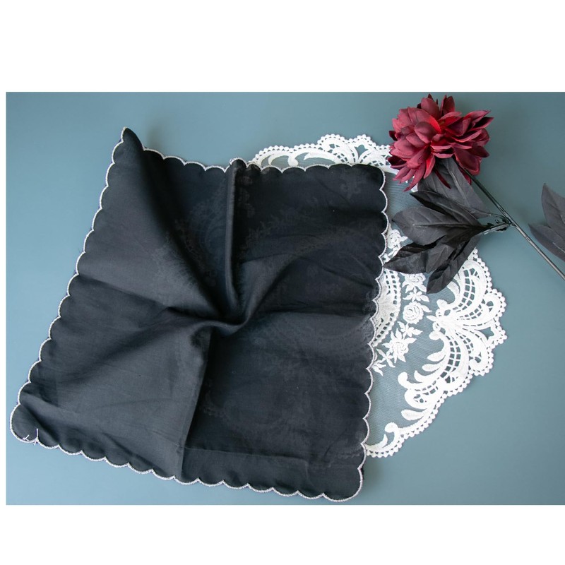 MZLIU Women Black Handkerchiefs Cotton Hankies with Embroidered Scalloped Edge