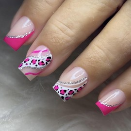 EYZOTSF Press on Nails Short Square Shaped Acrylic Extra Short Length Square False Nails with Designs Artificial Fake Nail with Charms Glue Stick ons Fingernails for Women Girls(A70508)