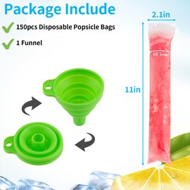 MOWPOG 150 Disposable Popsicle Mold Bags, BPA-Free Freezer Tubes with Zip Seals and Funnel, Ideal for Ice Pops, Yogurt, Juice, Smoothies, Healthy Snacks （2"x11"）