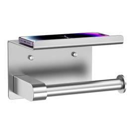 Bntuk Toilet Paper Holder with Shelf, Self-Adhesive or Screw Wall Mount Toilet Paper Holder with Wipes Storage, Rustproof Stainless Steel Tissue Roll Holder for Bathroom Washroom (Brushed Nickel)