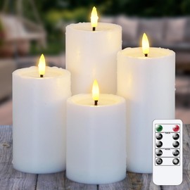 Wroxipel Waterproof Flickering Auto Timer White Plastic Flameless Candles with Candle Grease, 3" x4" 5" 6" 7" Outdoor LED Long Lasting Battery Operated Remote Control Pillar Candles, Pack of 4