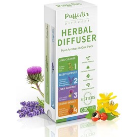 PuffiAir 4-in-1 Wellness Herbal Diffuser Bundle - Natural Plant-Based Portable Aromatherapy for Energy Sleep Liver & Lung Support - 600 Uses Per Stick - Safe Inhalation Lab Verified Non-GMO Botanicals