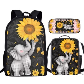 TSOVTHRID 3PCS Cute Elephant Sunflower Boys Girls School Bag Set, Travel Work Laptop Bookbag Backpack Pencil Case Lunch Bags Handbags for Women Men