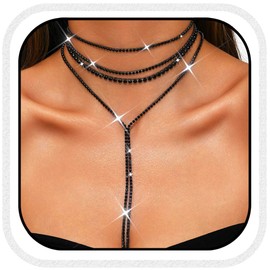 Atigy Silver Necklace with Rhinestones Crystal Choker Necklaces Long Sparkling Necklace Jewellery for Women, Unit size, Rhinestones, No Gemstone