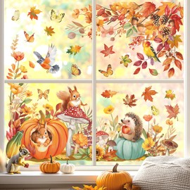 decalmile Thanksgiving Fall Double Sided Window Clings Autumn Animals Leaves Flowers Mushroom Bird Anti-Collision Glass Doors Window Stickers Decals