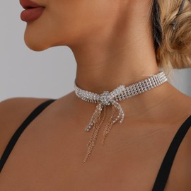 Gold Silver Black Choker Necklace for Women Gold Rhinestone Bowknot Bridesmaid Wedding Prom Gargantillas De Mujer Elegantes Tennis Net Necklace Disco Necklace Christmas Graduation Prom Jewelry Accessories (B-Black)