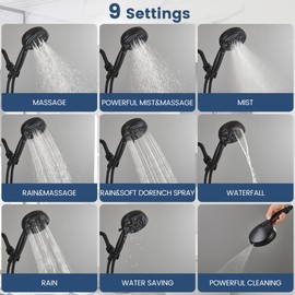 KINSE High Pressure Shower Head with Hose,9-Mode Handheld Shower Head, 5" Shower Head with 71" Extra Long Hose & Adjustable Bracket,Built-In Power Wash to Clean Tub, Tile & Pets（Matte Black)