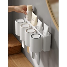 FLAUVEL Wall-Mounted Toothbrush and Toothpaste Holder - Self-Draining Design, Easy Installation, Space-Saving, White (Quadruple - Four Normal Cups)