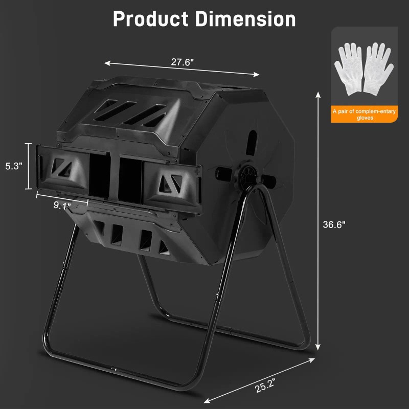 42-Gallon Dual Chamber Outdoor Compost Tumbler Black Rotating Batch Composter