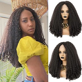 SOKU Long Kinky Curly Lace Front Wig Synthetic for Black Women Middle Part Afro Fluffy Hair Wigs Heat Friendly Swiss Lace 20 Inch Dark Brown