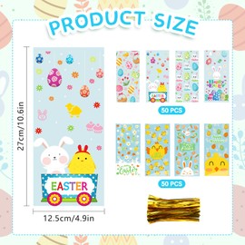 100pcs Easter Cellophane Bags,8 Styles Happy Easter Bunny Egg Chick Pattern Treat Bags,Easter Sweet Cellophane Bags with Gold Twist Ties,Easter Party Wrapping Bags for Candy Cookie