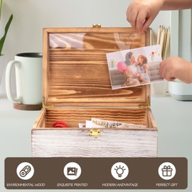 Larger Wooden Memory Keepsake Boxes With Hinged Lids and a photo frame inside the lid - Decorative Storage Box With a Hinge Lids For Picture Letter Time Capsule - 5.3“*8.6”*11.7“ Vintage
