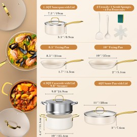 PekGema Ceramic Cookware Set 15-Pieces, Pots and Pans Set Non Stick, Oven Safe Non Toxic, Kitchen Cookware Set, PFOA PTFE FREE, Gold White