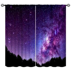JADERYS Galaxy Blackout Curtains Black Forest Silhouettes Purple Nebula Starry Sky for Kids Girls Boys Bedroom Living Room Rod Pocket Decoration Window Drapes 2 Panels W21xL45in