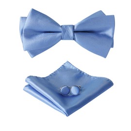 HOULIFE Bow Tie Men's Set - Adjustable Satin Polyester Bow Tie Pre-tied Bow Tie, Plain Pocket Square, Cufflinks Set for Groom Wedding Formal with Gift Box, Mist Blue