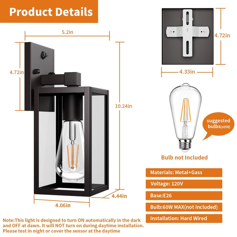 2 Pack Dusk to Dawn Exterior Lighting Fixtures Wall Mount,