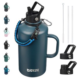 BJPKPK 2/3 Gallon Water Bottle Insulated with Straw Lid, 50oz, 64oz, 87oz, 128oz Large, Stainless Steel Water Bottles with 3 Lids and Paracord Strap, Double Wall Vacuum Metal Water Jug,Navy Blue