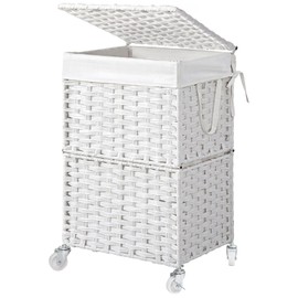 Chrislley 90L Slim Laundry Hamper with Wheels, Rolling Laundry Basket with Lid and Renovable Liner Bag, Handwoven Rattan Organizer for bedroom, bathroom, laundry room (White)
