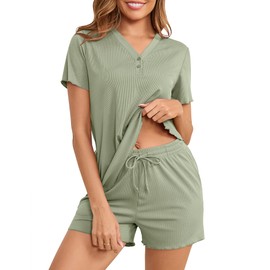 Becotal Womens Pajama Sets Ribbed Knit 2 Piece Lounge Set Loungewear Pj Sets V Neck Short Sleeve Top and Shorts with Pocket Sleep Set Summer Green Small