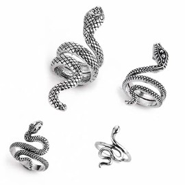 JNTMIKUN Snake Ring, Punk Snake Ring Set, Vintage Snake Ring, Snakes, Alloy Ring for Men and Women, Silver (Pack of 4), Non-precious metal