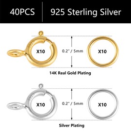 925 Sterling Silver Clasps for Jewellery Making, 40PCS Gold and Sliver Spring Clasps Open Jump Rings Gold Plated 5mm Round Clasps Connectors, Clasps for Necklace Bracelet Making