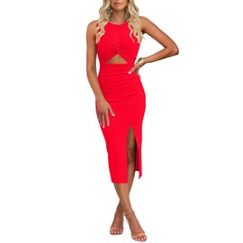 oten Womens Crew Neck Sleeveless Waist Cutout Side Slit Bodycon Knit Midi Dresses Night Out Cocktail Tank Top Dress Small Red