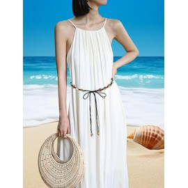 TeeYee Women's Tassel Belt Boho Style Braided Belt Girls Belly Chain Waist Belt Tie Belt Narrow Belt for Dress Belt Women, Black-020