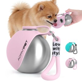 Botella de Agua para Perros, Acero Inoxidable 10oz, Portátil e Impermeable con Tazón de Silicona para Caminatas, Senderismo y Viajes (Rosa)