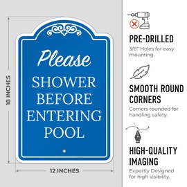 Please Shower Before Entering Pool Sign, (SI-72727) 12x18 Inches, ACM, Fade Resistant, Made in USA by Sigo Signs