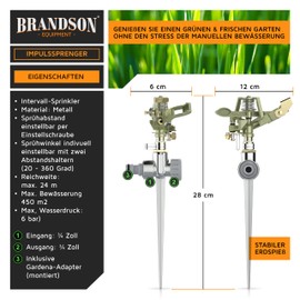 Brandson - Metal Garden Interval Sprinkler, Pulse Sprinkler, Rotating Lawn Sprinkler, 24 m Range, 3/4 Inch - Adapter Quick Coupling 1/2 Inch, Lawn Sprinkler Irrigation System Sprinkler System