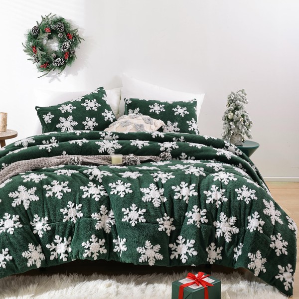 JANZAA Christmas Bedding Duvet Cover Queen Emerald Green Duvet Cover Queen with White Snowflake Stereoscopic 3 Pieces with Zipper Closure 4 Ties Velvet and Soft