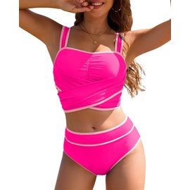 Jolefille High Waisted Bikini Set for Women 2 Piece Tummy Control Swimsuits Bottom Color Block Twist Bathing Suit Top